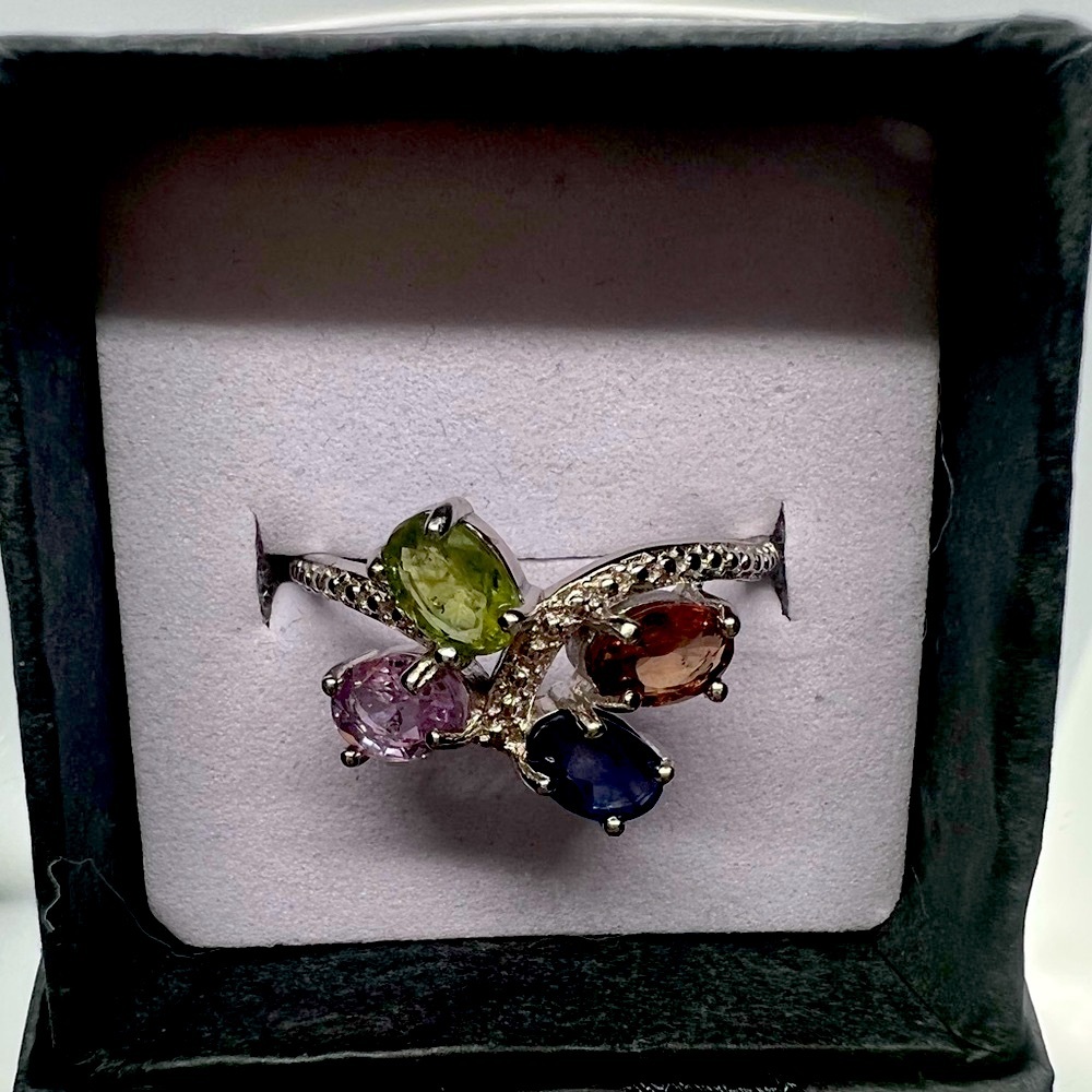 💎Adjustable Sterling Silver .925 Ring Multi Tourmaline in Butterfly Design